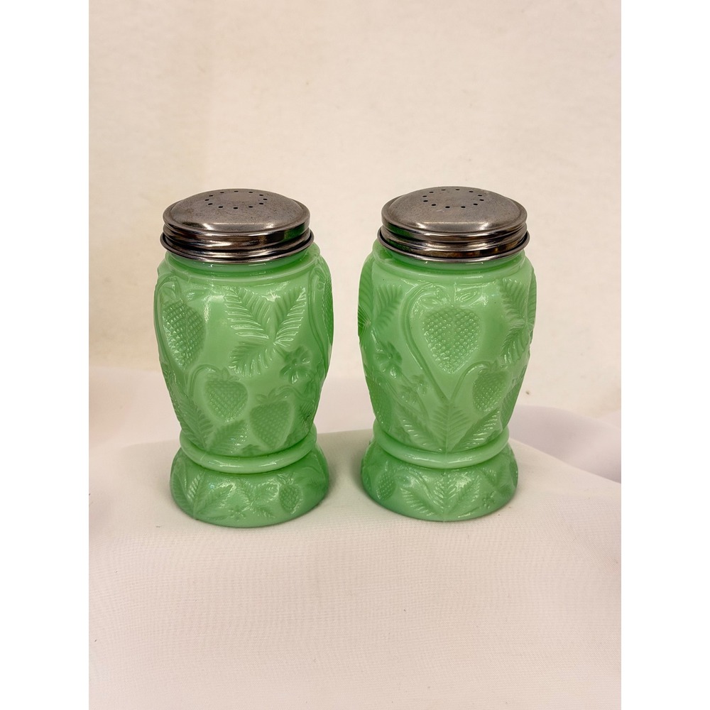 Vintage Jadeite Green Milk Glass Strawberry Salt and Pepper Shakers Set